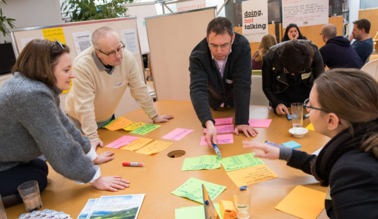 People around a table, brainstorming ideas for service design