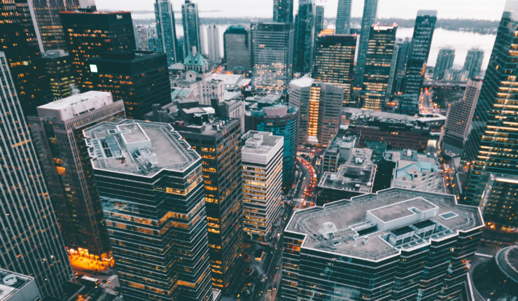 Urbantech city landscape lit up at dusk