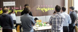 People working at a desk with post it notes and planning user story journeys