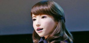 Non-human AI Robot talking on stage
