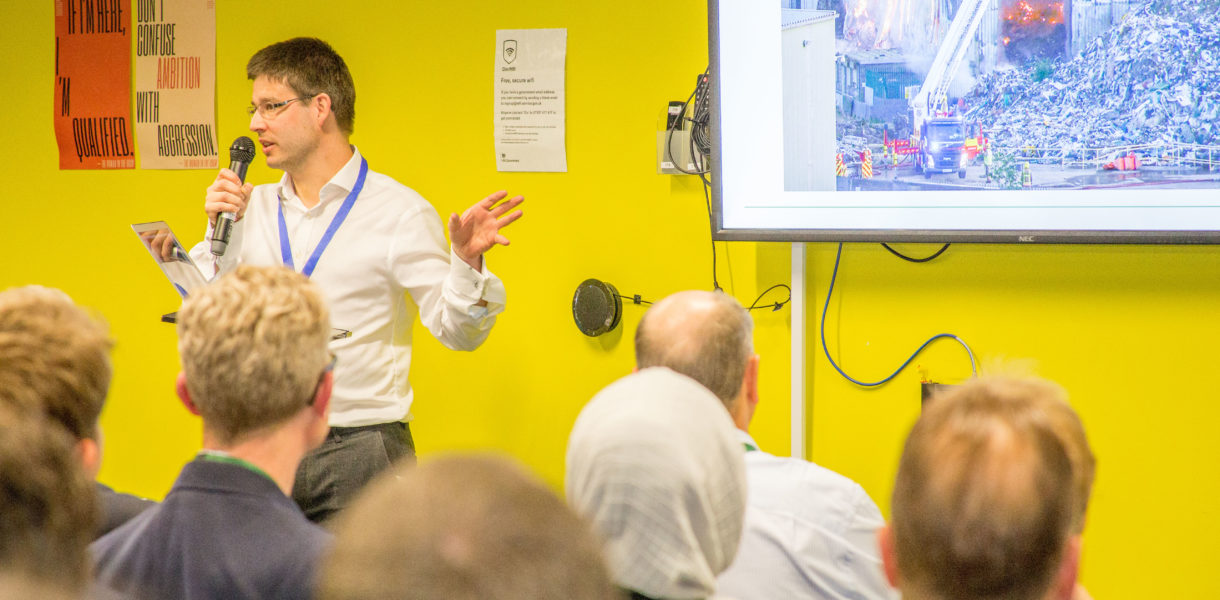 Defra representative talking at one of our GovTech Meetups about their Catalyst bid