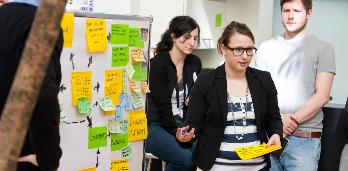 People working in an agile manner with post-it notes on a whiteboard