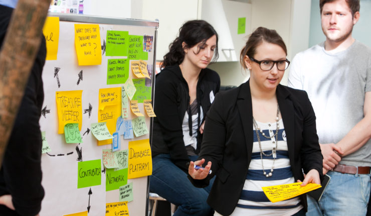 People working in an agile manner with post-it notes on a whiteboard