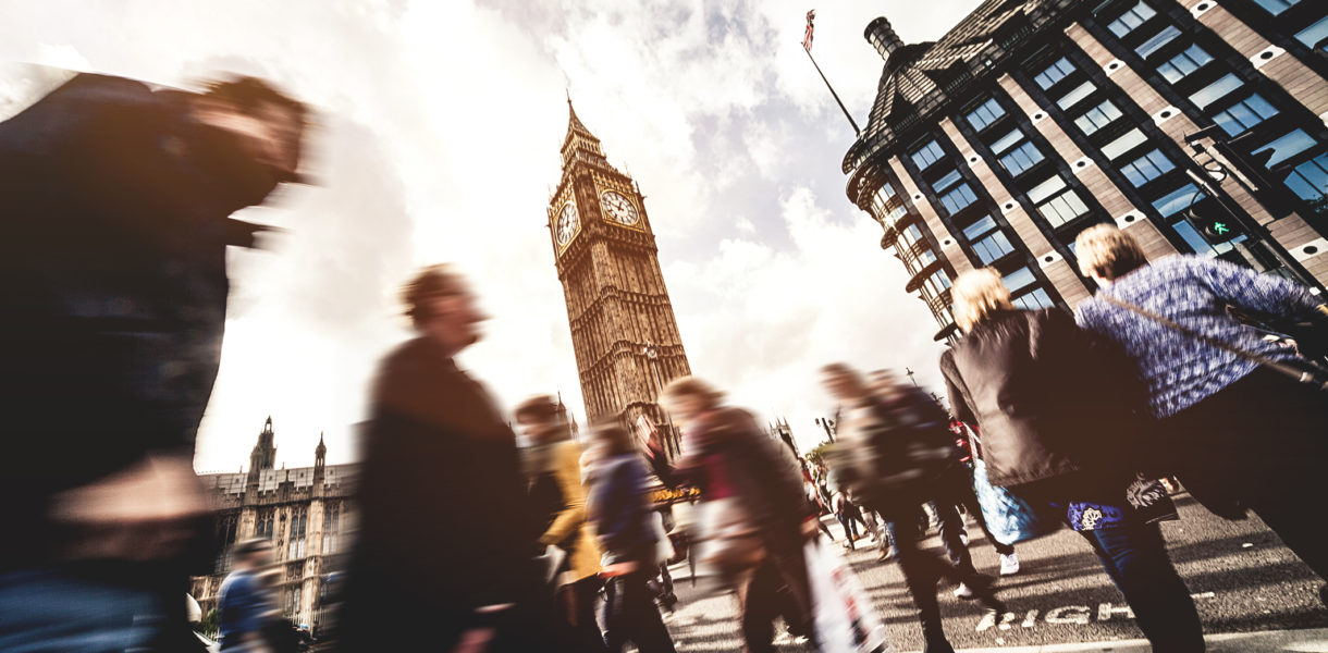 People crossing in Central London, near the Big Ben.
