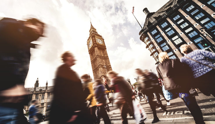 People crossing in Central London, near the Big Ben.