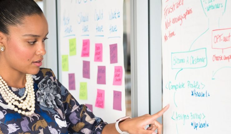 woman pointing at white board
