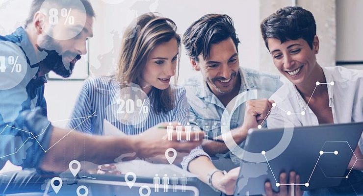 Group looking at a device