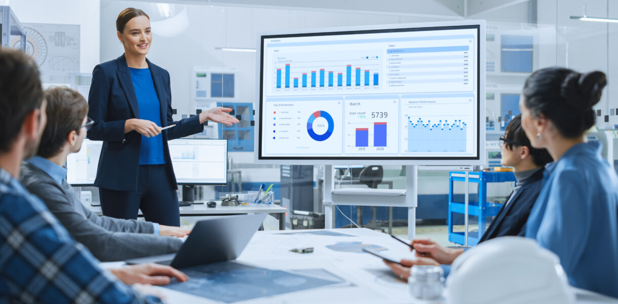 Modern,Industrial,Factory,Meeting:,Confident,Female,Engineer,Uses,Interactive,Whiteboard,