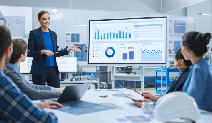 Modern,Industrial,Factory,Meeting:,Confident,Female,Engineer,Uses,Interactive,Whiteboard,