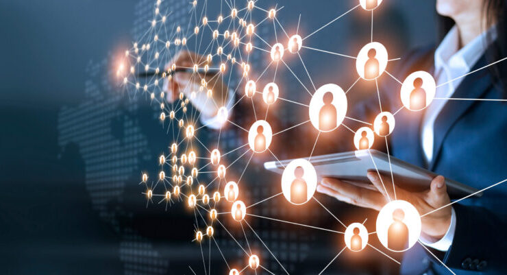 Business,Woman,Drawing,Global,Structure,Networking,And,Data,Exchanges,Customer