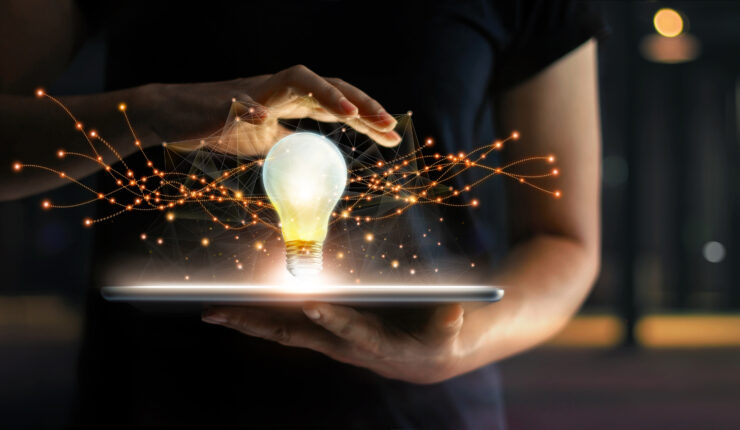 Abstract.,Innovation.,Hands,Holding,Tablet,With,Light,Bulb,Future,Technologies