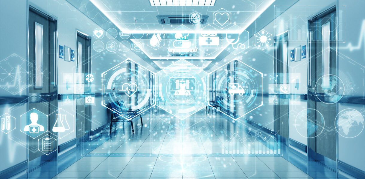 Long,Hospital,Blue,Corridor,With,Digital,Medical,Infographics,And,Charts