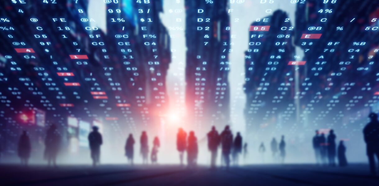 Group,Of,People,In,Cyberpunk,City,And,Digital,Data,Concept.