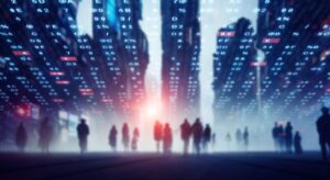 Group,Of,People,In,Cyberpunk,City,And,Digital,Data,Concept.