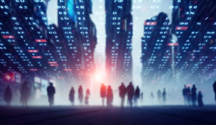 Group,Of,People,In,Cyberpunk,City,And,Digital,Data,Concept.